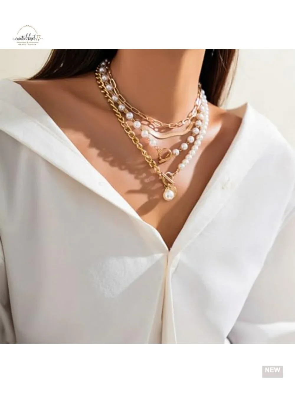 5-Piece Chunky Gold Layered Pearl Necklace Set with OT Buckle Paperclip Chain
